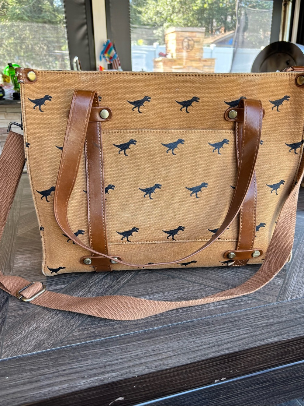 Tote Bag with Black Dinosaur Print - Tan